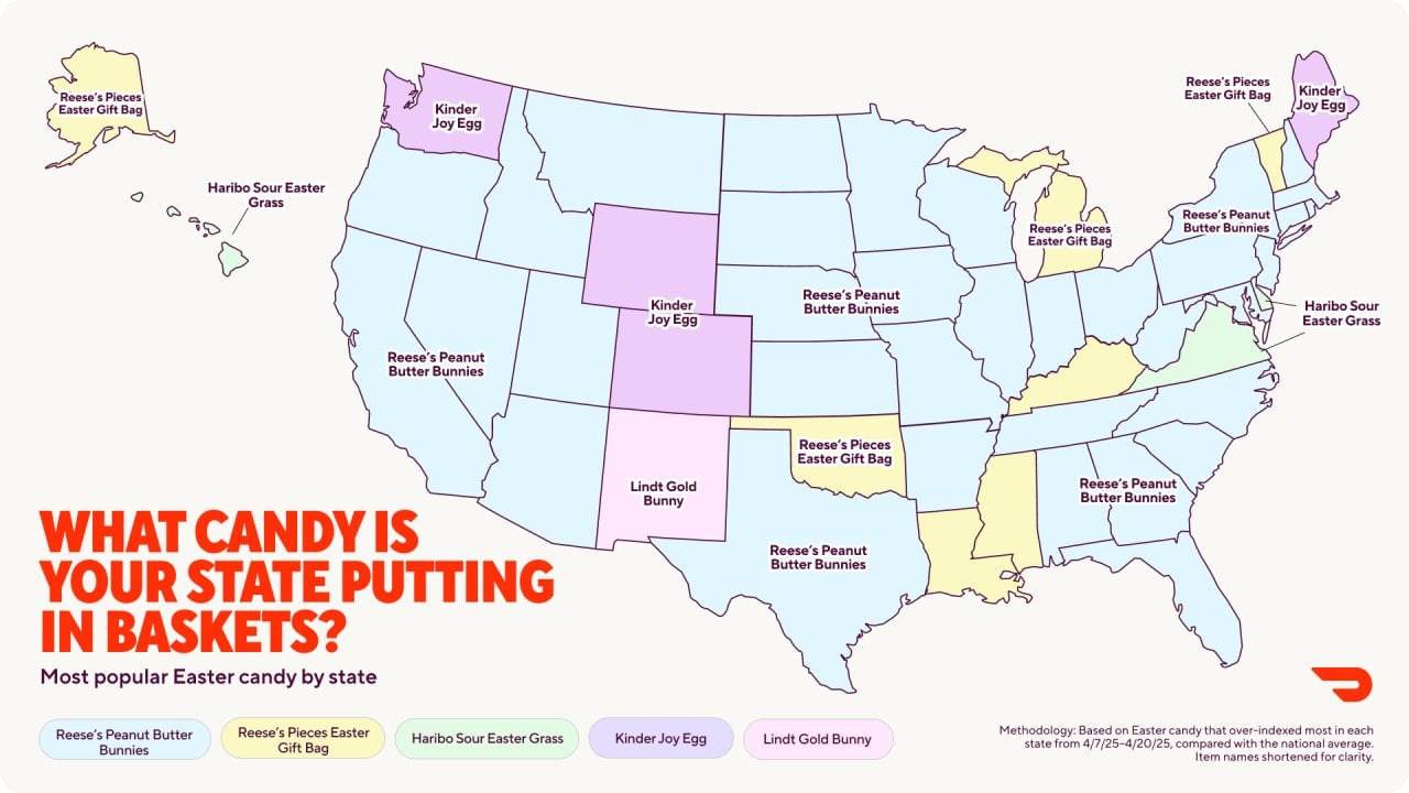 A data map showing the most popular Easter candy by state.