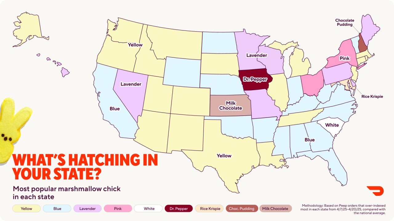A data map showing the most popular marshmallow chick in each state.