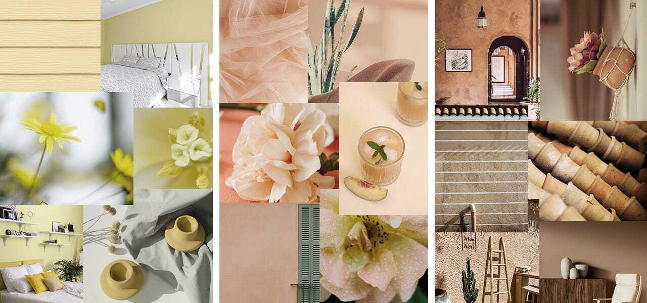 A collage showing varied colors of yellows, corals, and clay as a visual board for energizing colors.