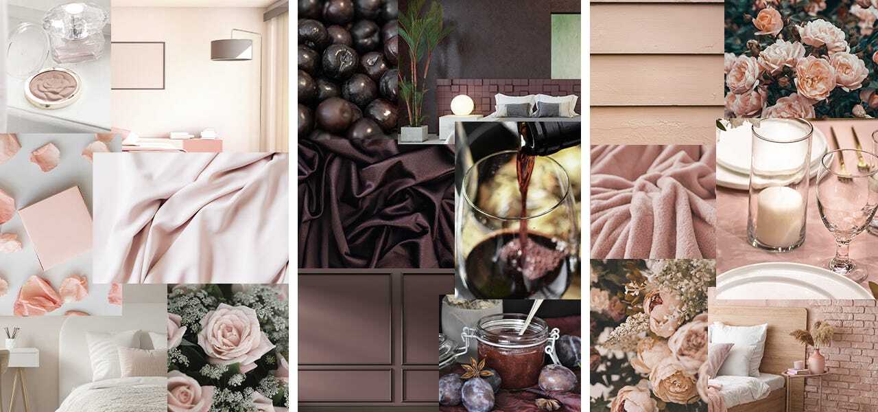 A collage showing varied colors of pinks, deep plum, and rose tones as a visual board for romantic colors.