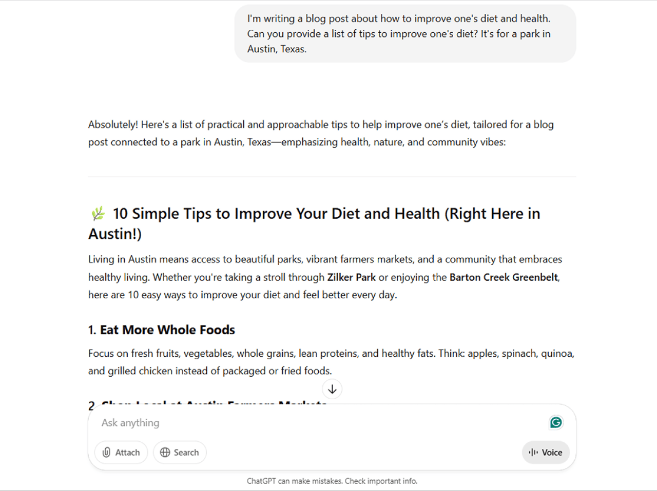 A ChatGPT example when asked for tips on how to improve one&rsquo;s diet for a park&rsquo;s blog.