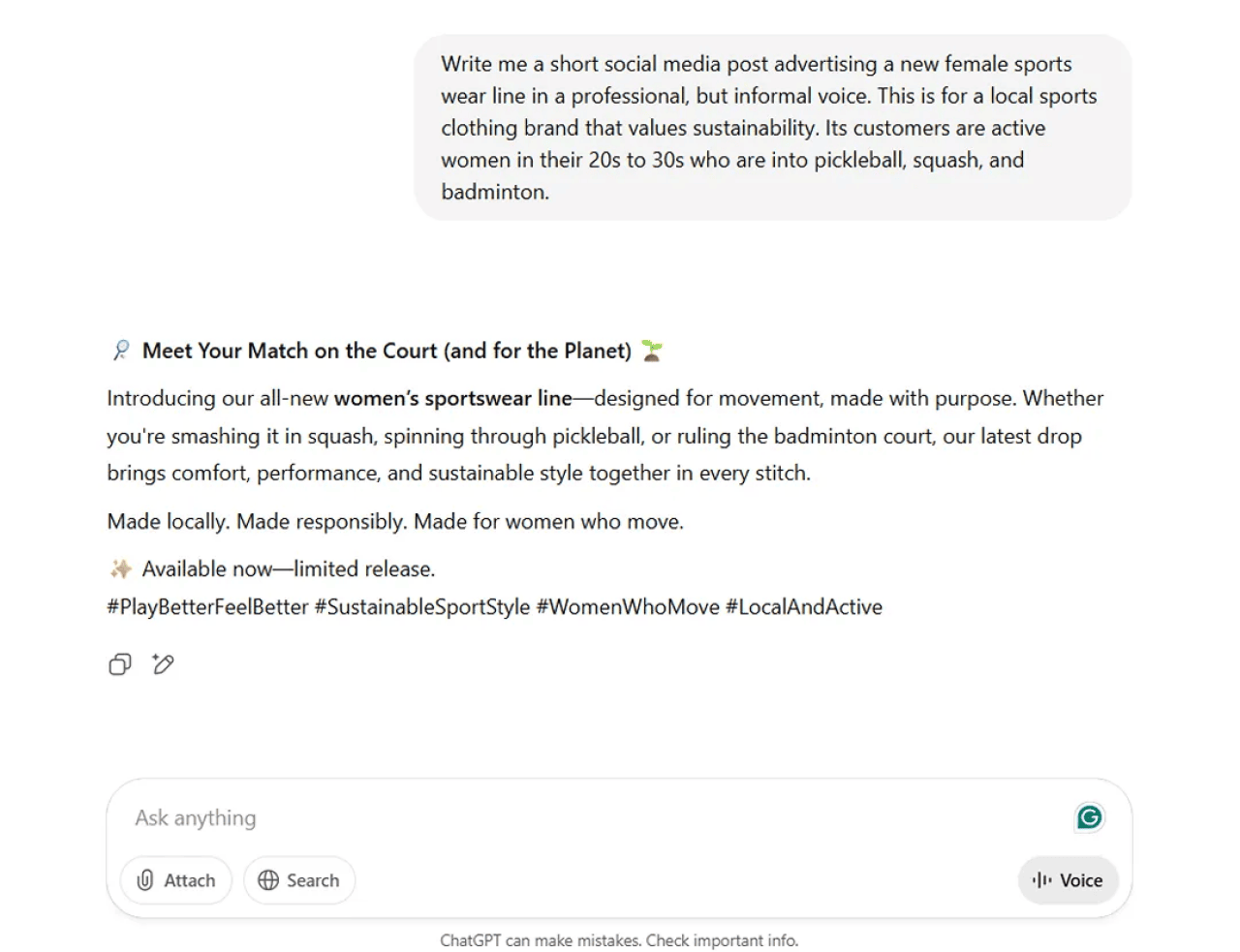A ChatGPT example prompt asking it to come up with a social media post that advertises a new line of clothing.