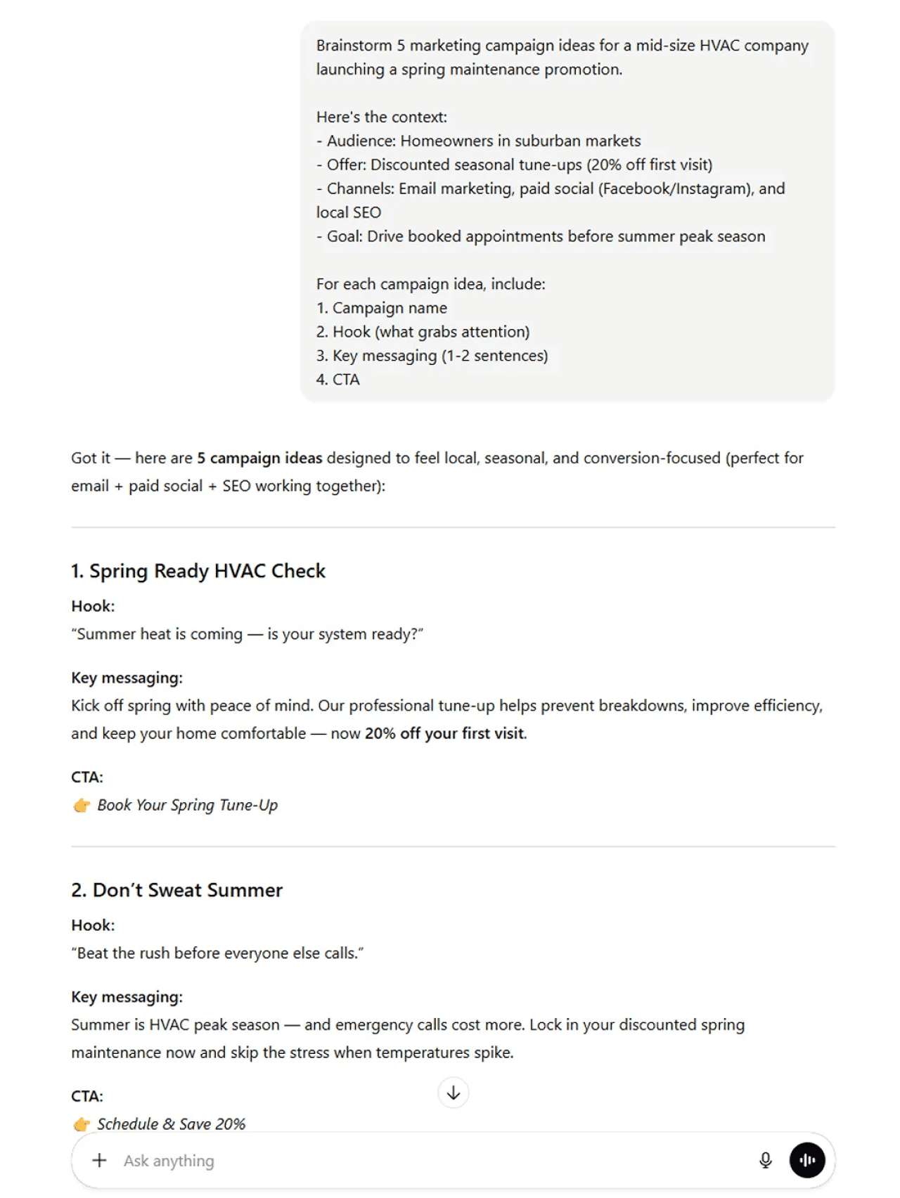 A ChatGPT example when asked to brainstorm five marketing campaign concepts for a midsize HVAC company launching a spring maintenance promotion.