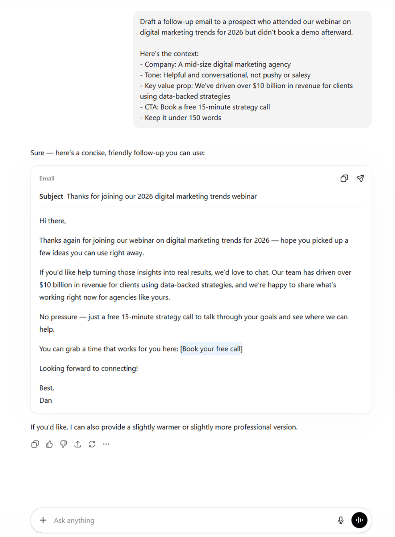 A ChatGPT example when asked to draft a follow-up email to a prospect who attended a webinar but didn&rsquo;t book a demo.