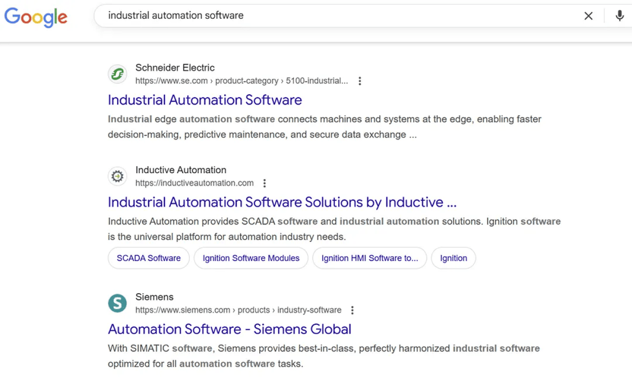 A screenshot showing an example of a search term with secondary keyword and thus does not match the search intent of the primary keyword (ex. 'industrial automation' to 'industrial automation software'.)