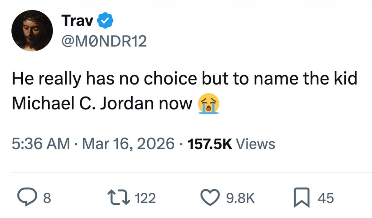 Tweet from M0NDR12 that says 'He really has no choice but to name the kid Michael C. Jordan Now'