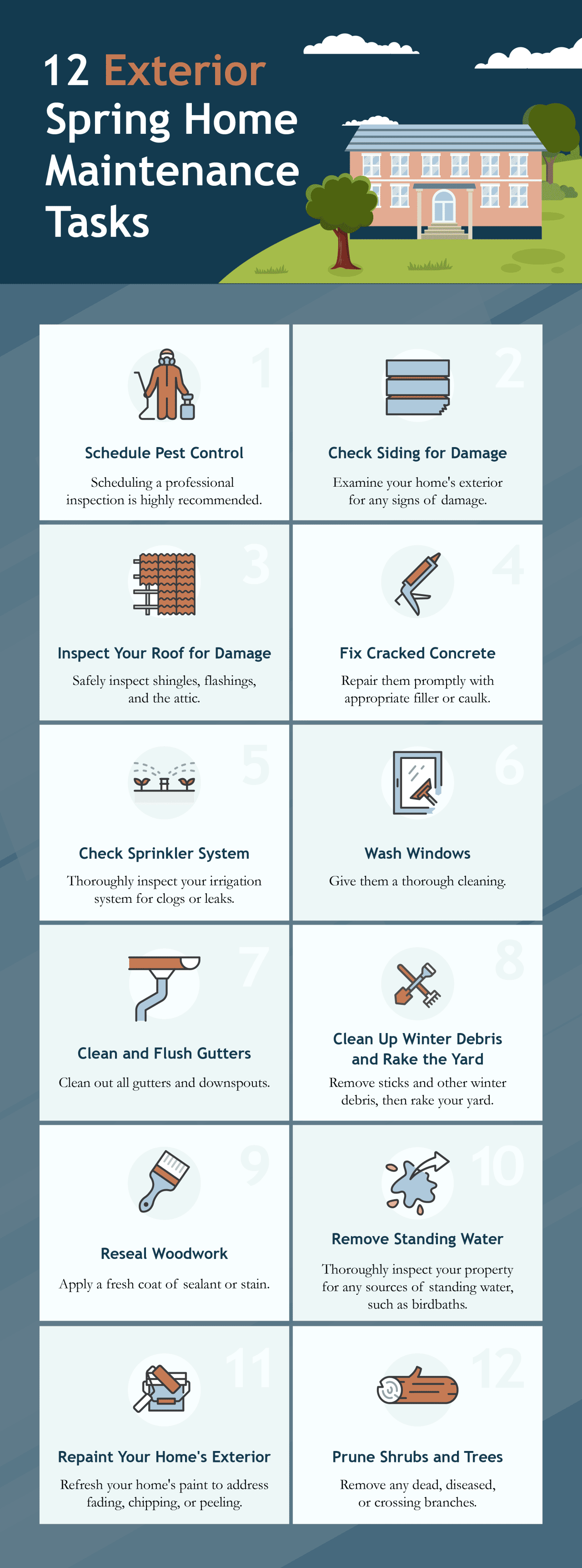 An infographic showing 12 exterior spring home maintenance jobs.