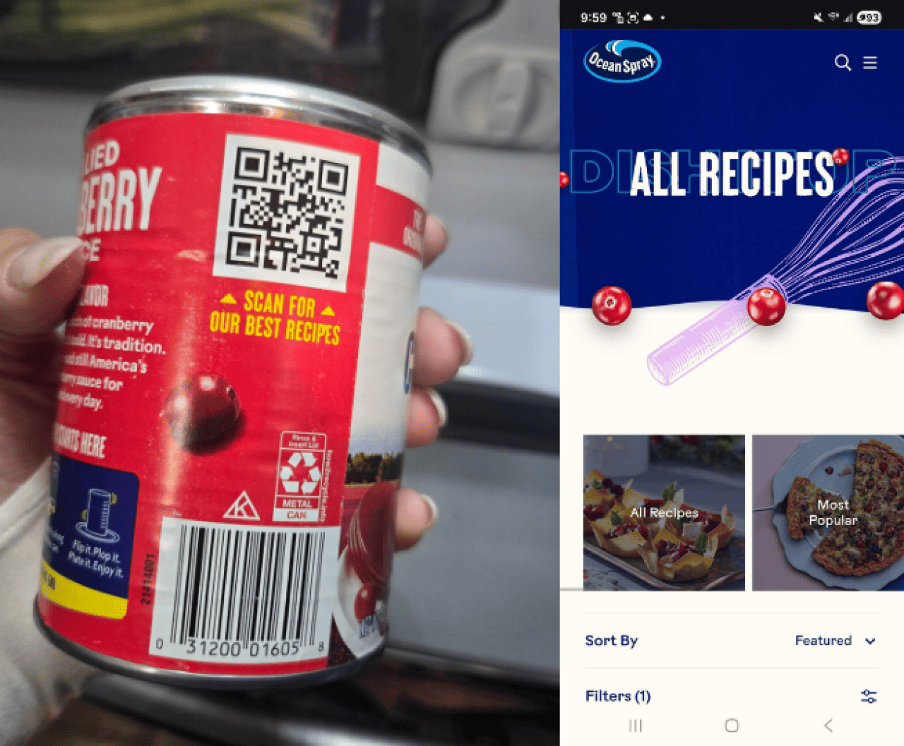 A side-by-side image of a grocery canned item with a QR code and its landing page when scanned on a mobile phone.