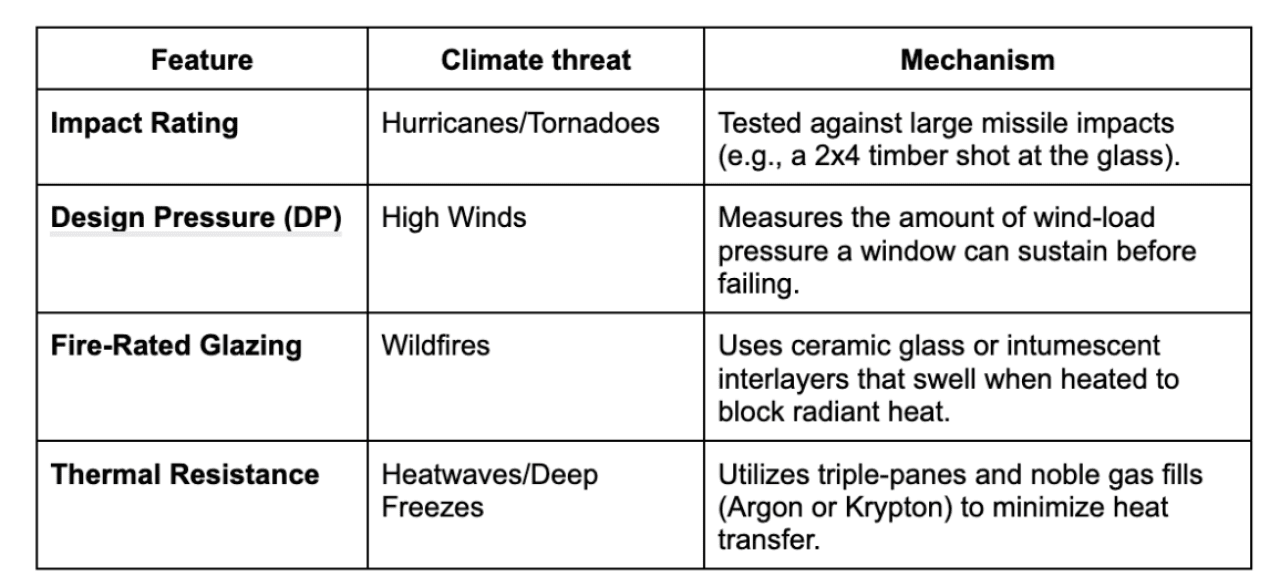 Table listing climate threats to consider and the window features and mechanism to match with.