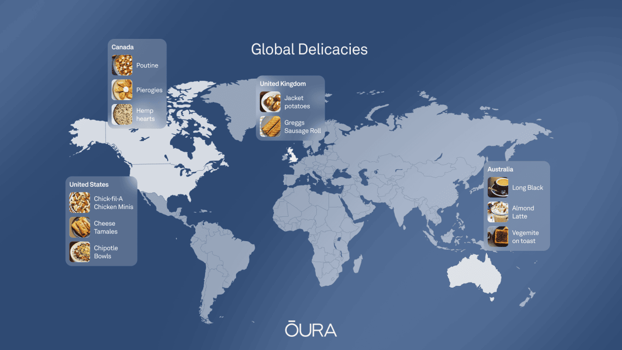 A data map highlighting top delicacies by country (United States, Canada, United Kingdom, Australia).