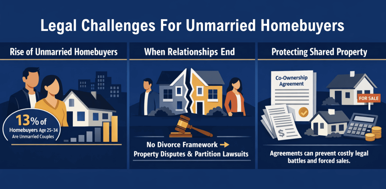 An infographic showing the legal challenges for unmarried homebuyers.