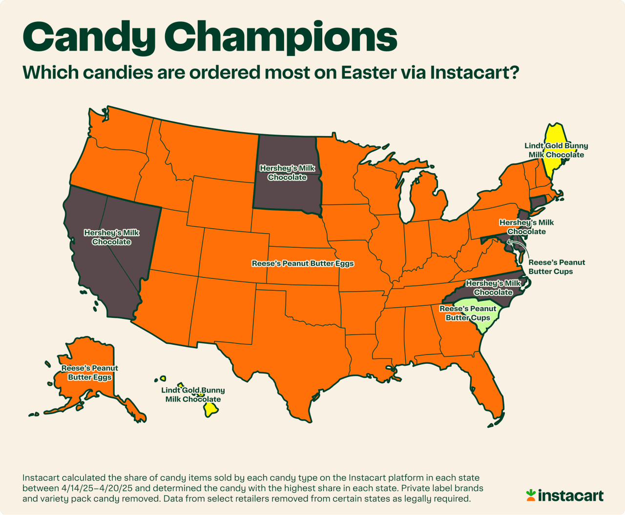A data map of the US showing which candies are most ordered on Easter via Instacart across the states.