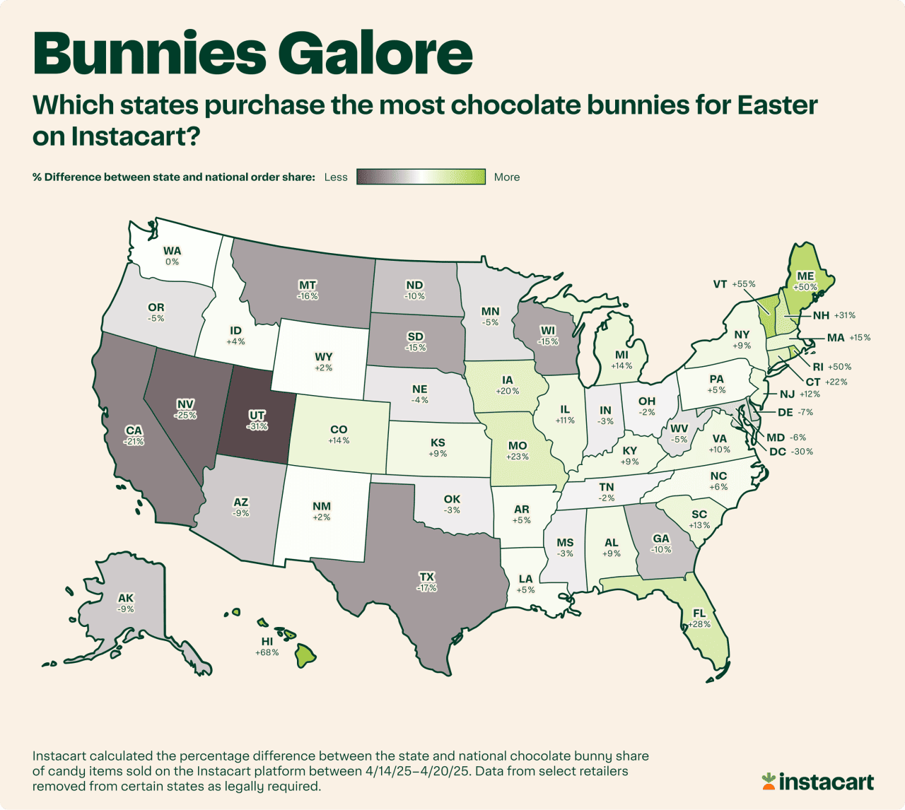 A data map of the US showing which states purchase the most chocolates bunnies for Easter on Instacart.