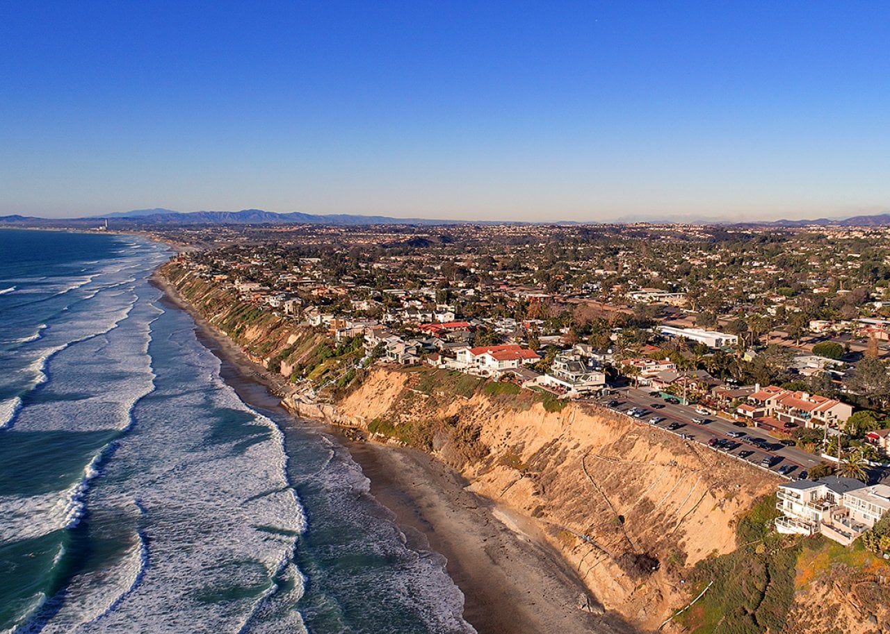 Leucadia beach to Oceanside coastline views in California, USA.
