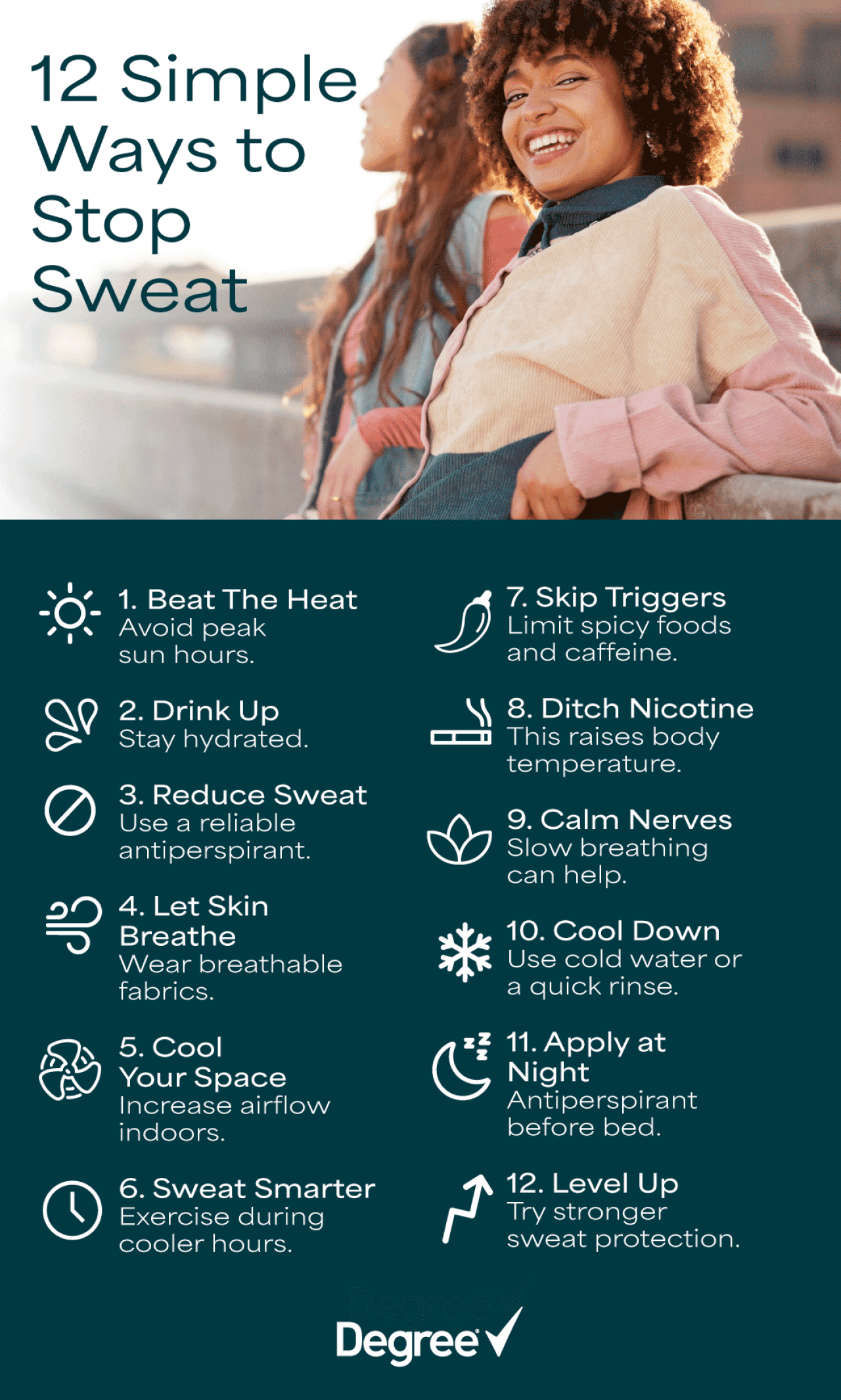 An infographic on the 12 simple ways to stop sweat.