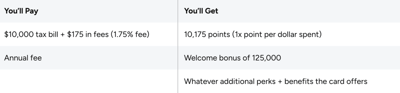 A sample computation of a $10,000 tax bill + $175 in fees and how many points it earns.