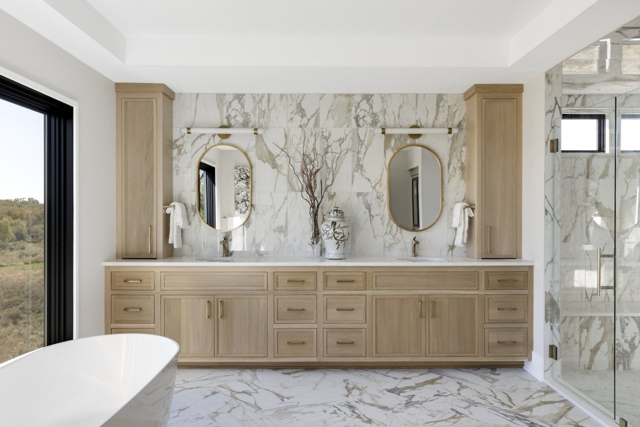 Modern bathroom with a long vanity cabinet storage.