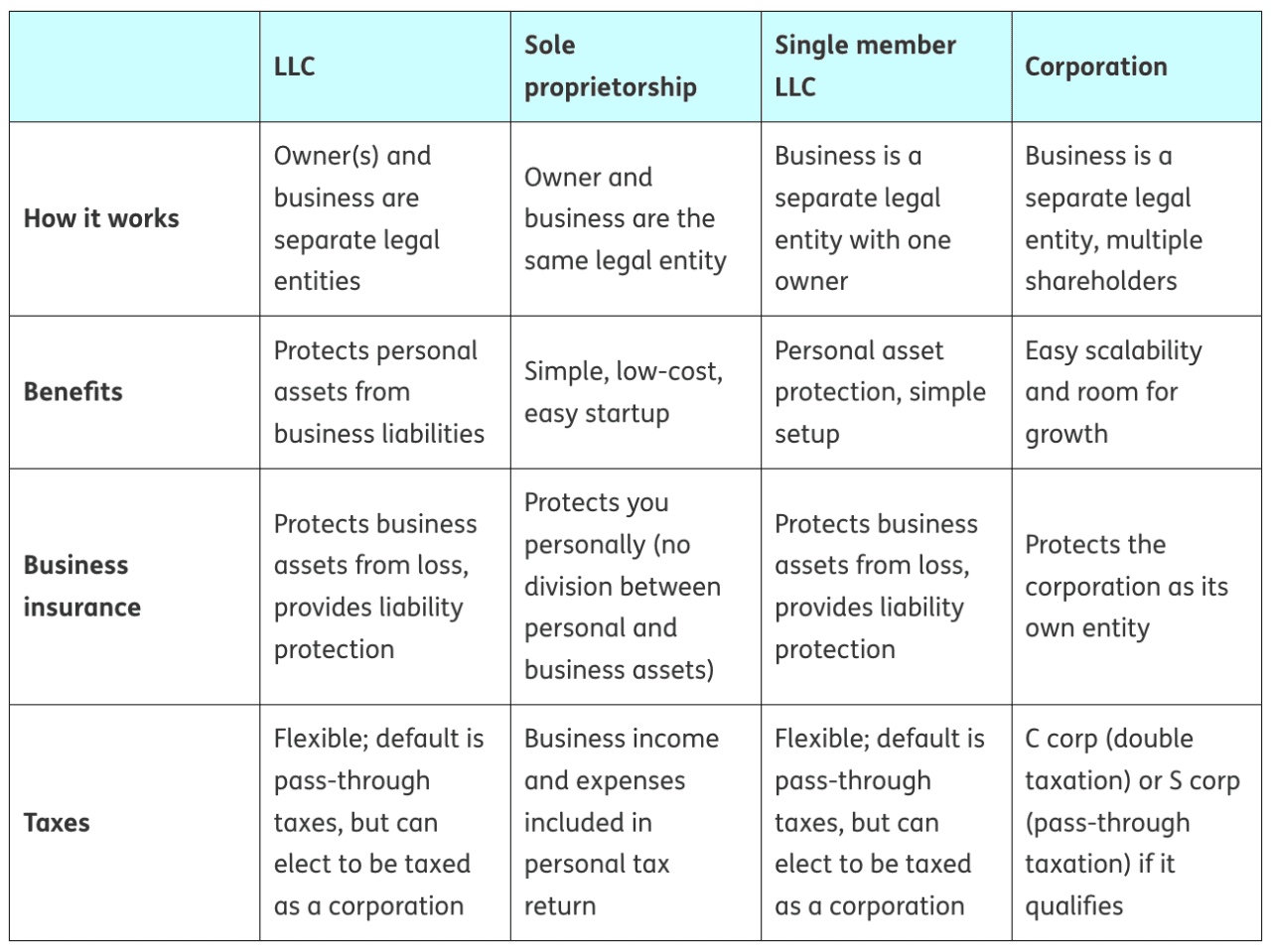 A comparison table for LLC vs sole proprietorship vs single-member LLC vs corporation.