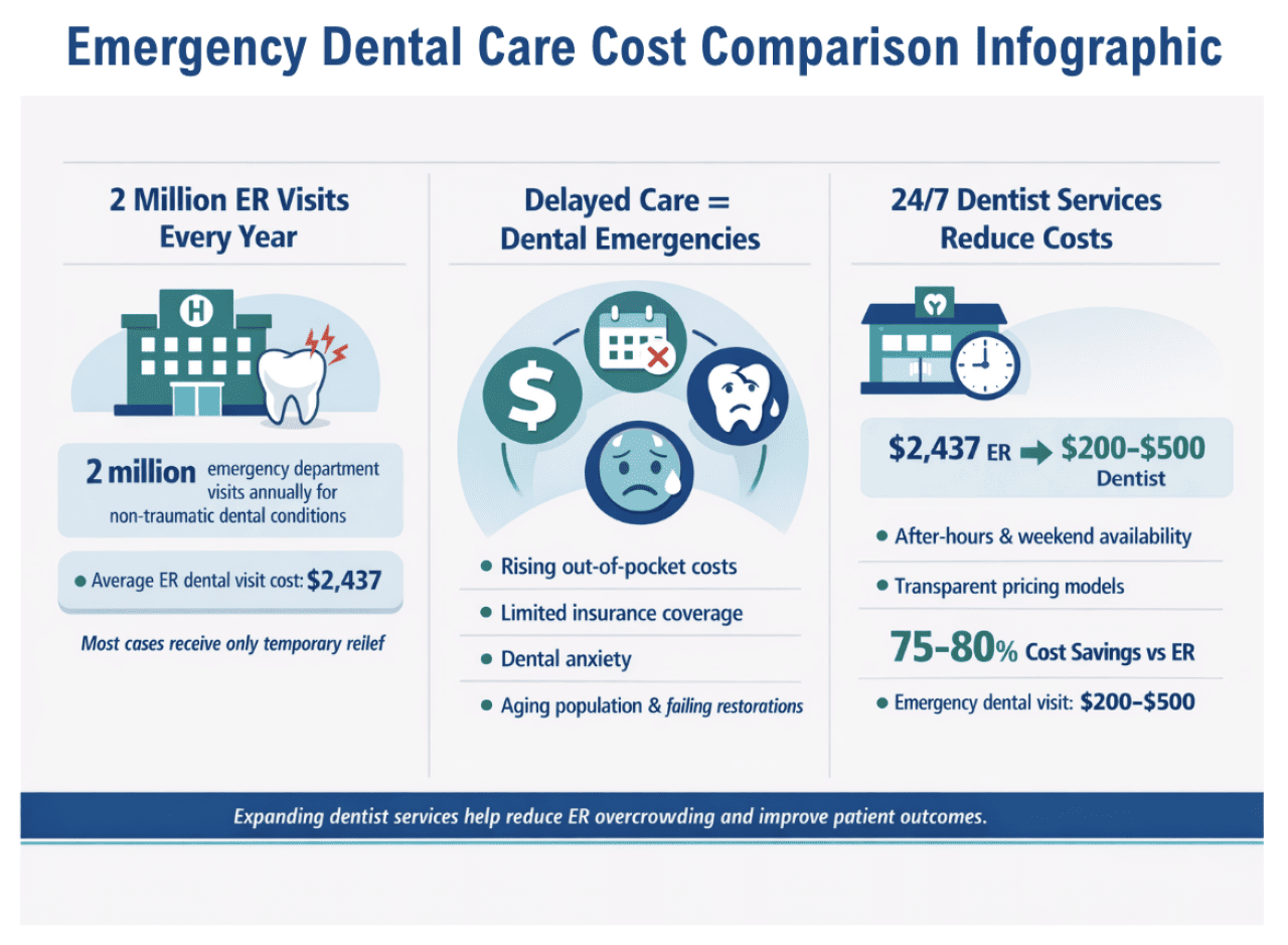 An infographic showing comparison and overview of emergency dental care costs.