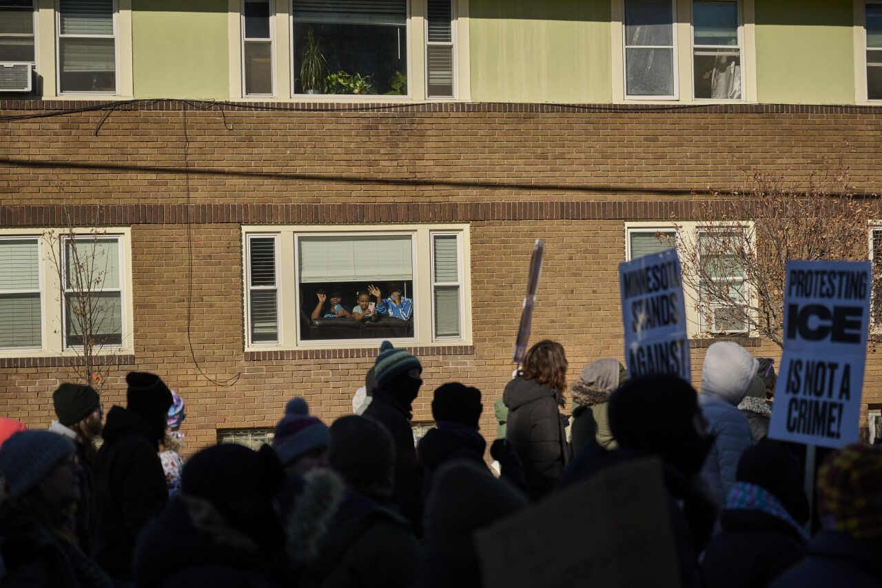A protest calling for ICE to leave Minnesota and addressing the broader impacts of immigration raids, including the need for a rent moratorium, in Minneapolis on 31 January.