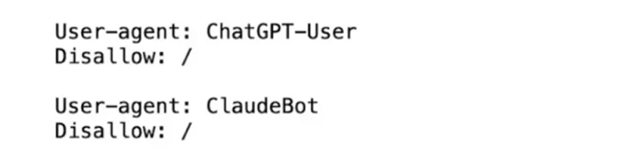 A set of blocked web AI crawlers in a robots.txt file.