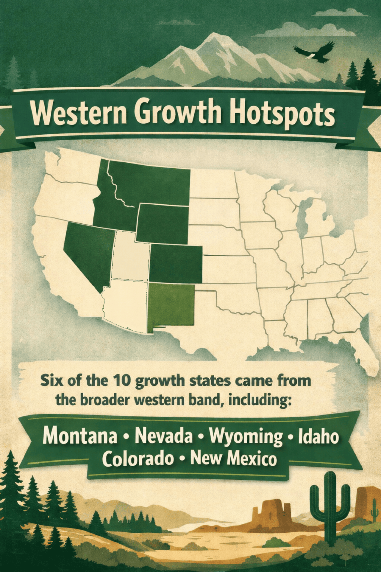 An infographic showing the top states that are growth hotspots. 6 of the 10 growth states came from the broader western band: Montana, Nevada, Wyoming, Idaho, Colorado, New Mexico.