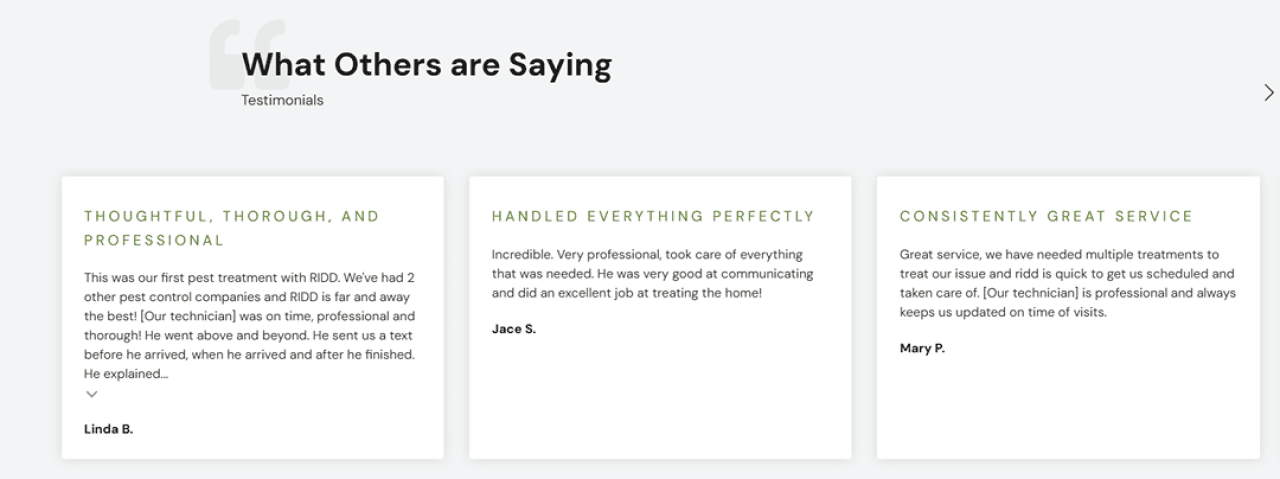 An example of a set of testimonials for a brand that signal trust.