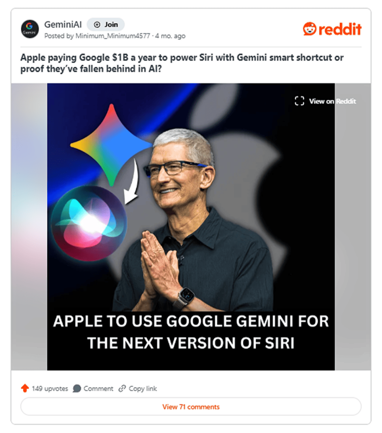 A Reddit post showing debate online on the Apple vs. Google AI race.