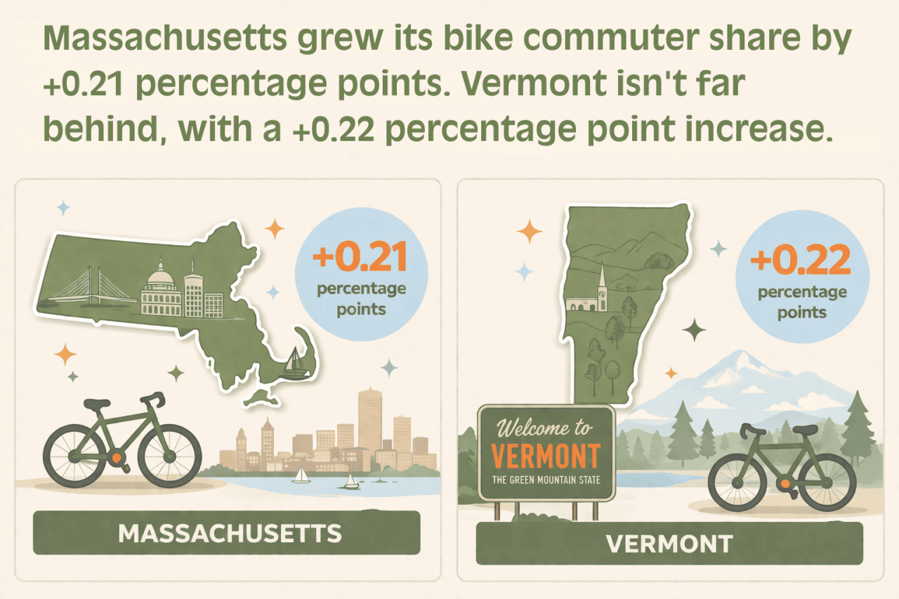 Infographic showing Massachusetts grew its bike commuter share by +0.21 percentage points and Vermont by +0.22 percentage points between 2019 and 2023, illustrated with state outline maps and bicycle icons.