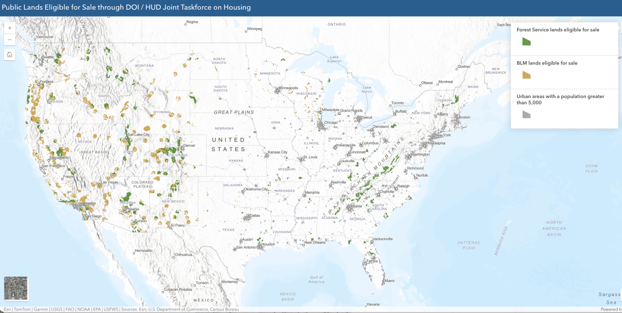 A screenshot of an interactive map created for RE:PUBLIC by The Wilderness Society that shows public lands within a ten-mile radius of towns with a population greater than 5,000.