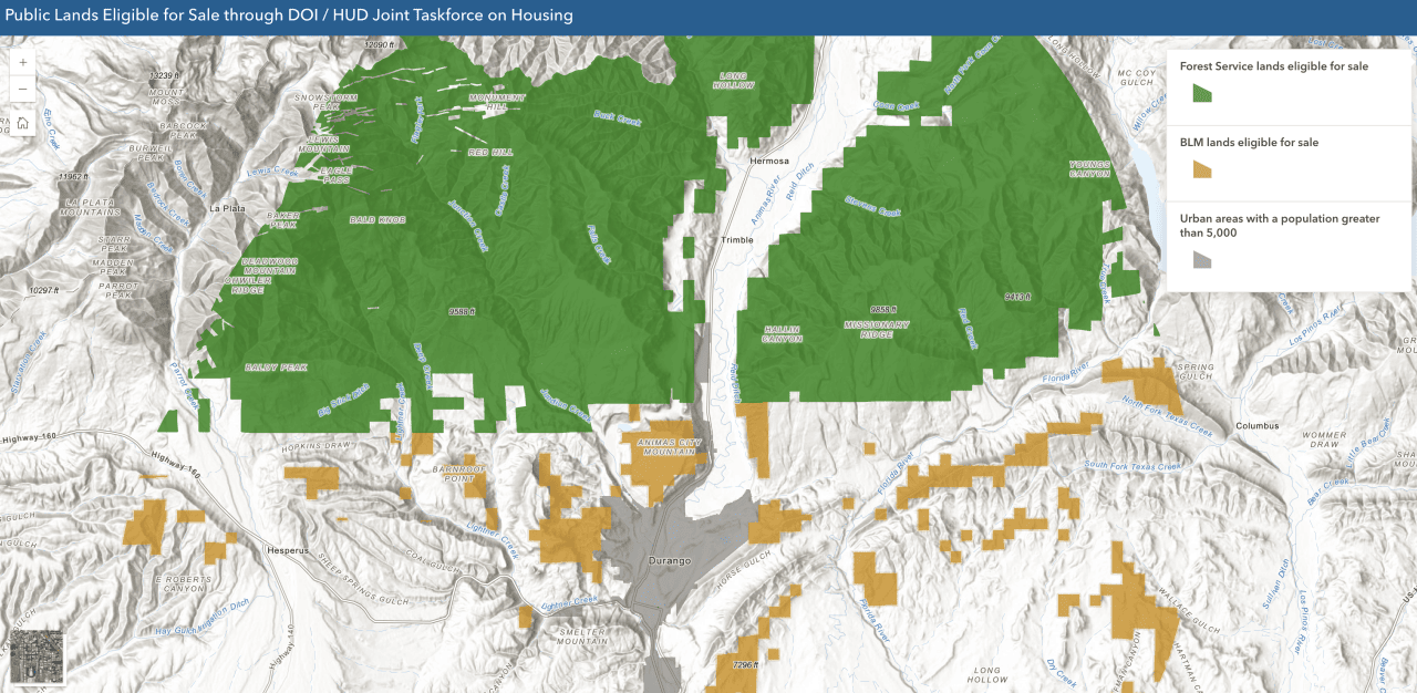 Closeup of the map centered on Durango to show public lands within a ten-mile radius of the city.