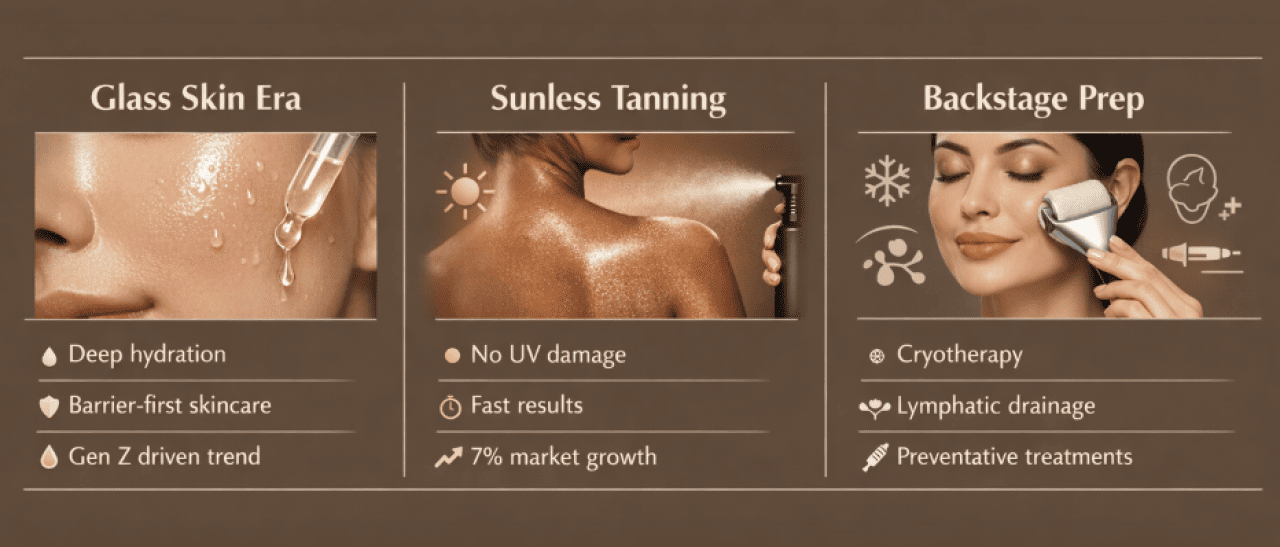 An infographic defining the glass skin era, sunless tanning, and backstage prep.