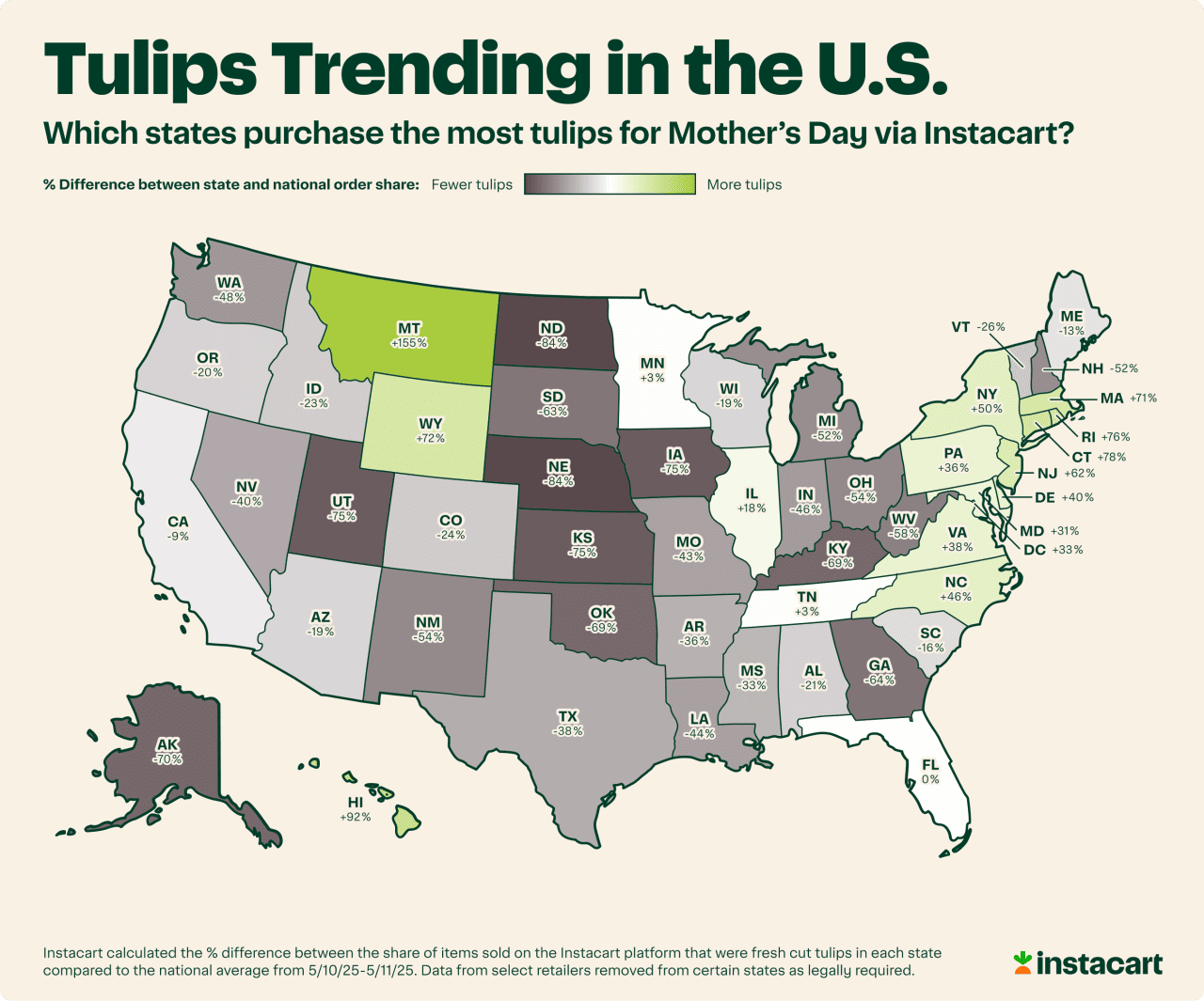 Data map showing which states purchase the most tulips for Mother's Day via Instcart.