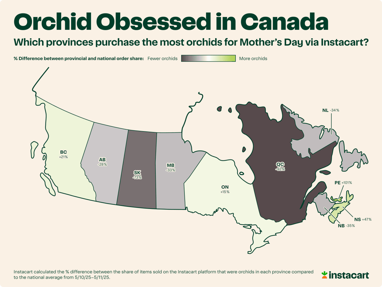 Data map showing which provinces purchase the most orchids for Mother's Day in Canada via Instacart.