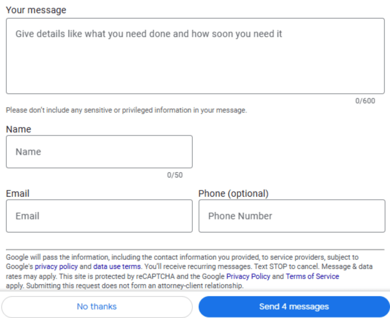 A screenshot of a Google LSA's competitive quote form. 