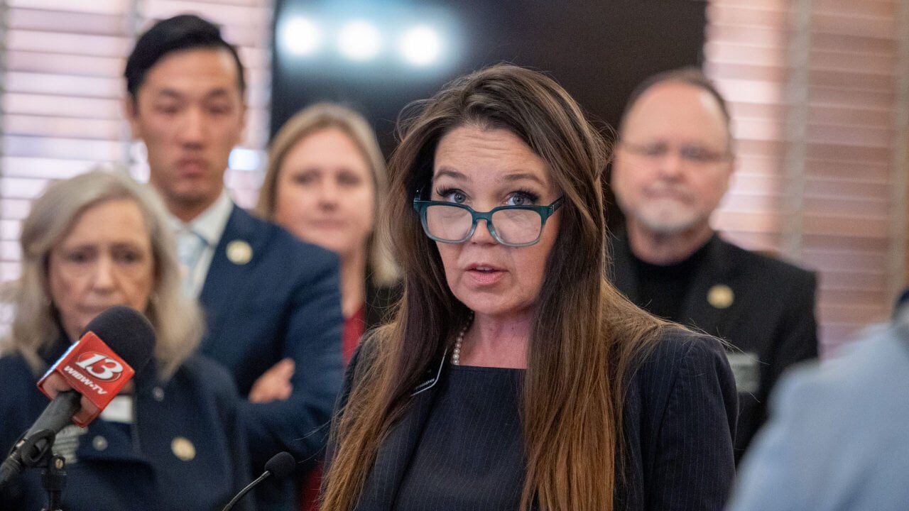 Rep. Stephanie Sawyer Clayton, an Overland Park Democrat, speaks at a Jan. 12, 2026, news conference at the Kansas Capitol.