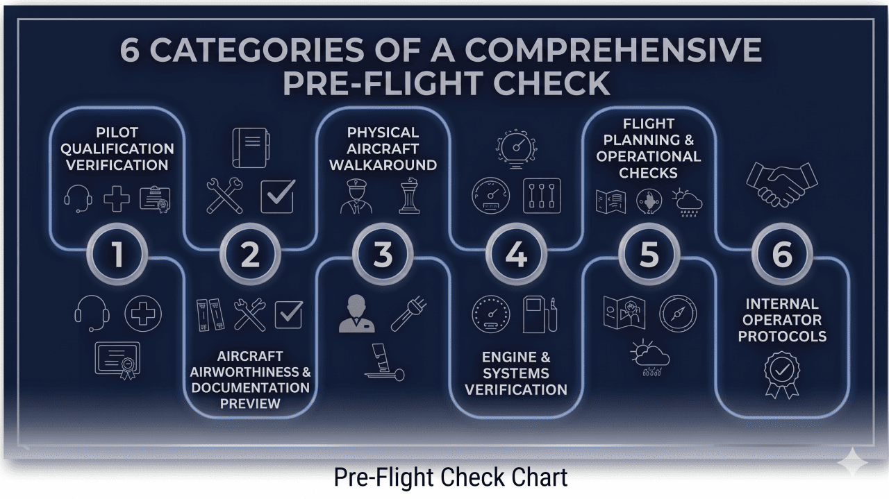 An infographic showing the six categories of a comprehensive pre-flight check.