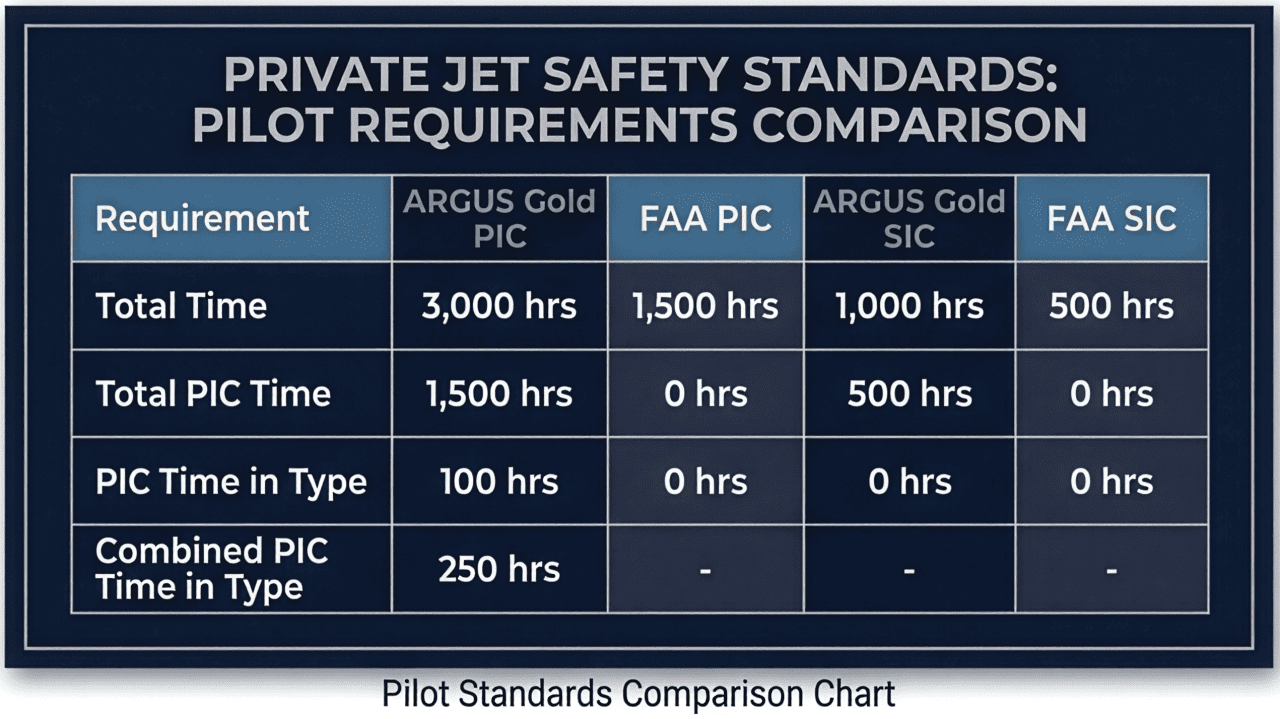 A comparison table showing pilot requirements in private jet safety standards.