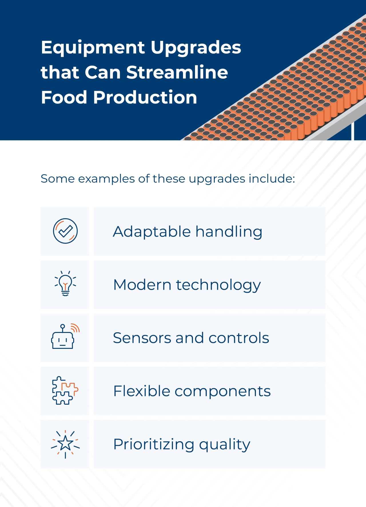 An infographic citing examples of equipment upgrades for a streamlined food production.