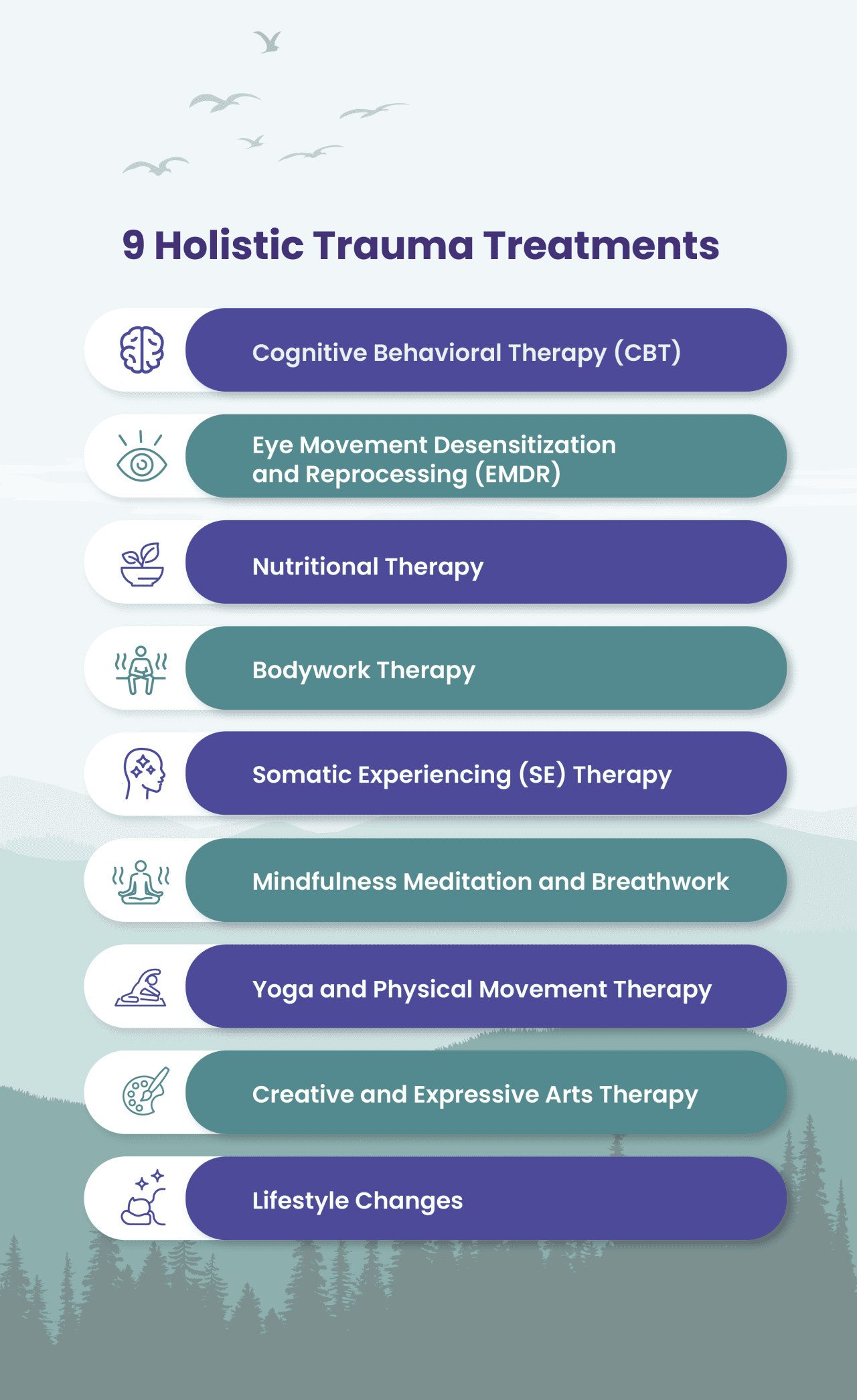 An infographic citing 9 holistic treatments for trauma healing.
