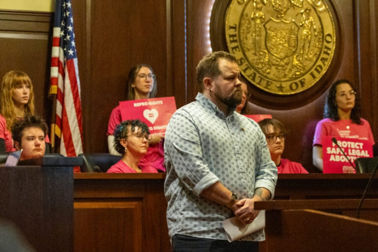 Nikson Mathews, chair of the Idaho Democratic Queer Caucus, joined activists and local elected officials to push back against anti-LGBTQ+ bills in the Idaho Legislature in a news conference on Feb. 16, 2026.