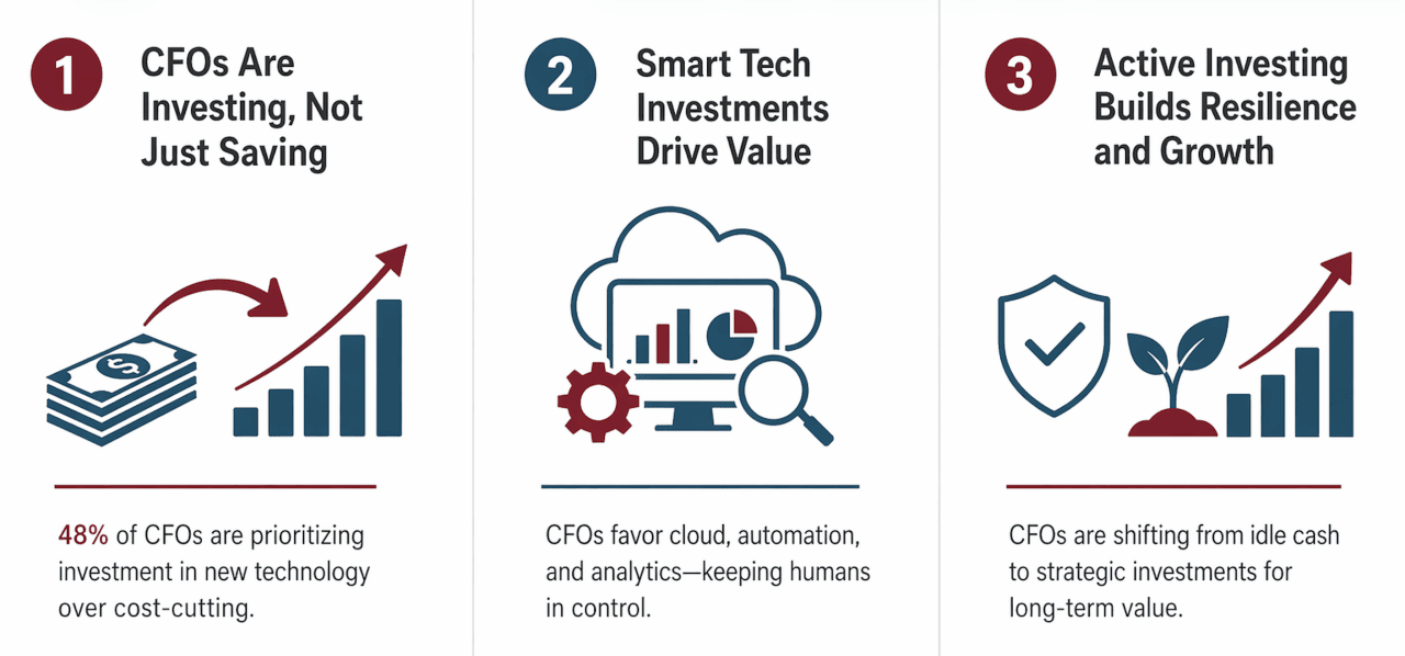 Infographic stating three data industry report results of where CFOs are investing.