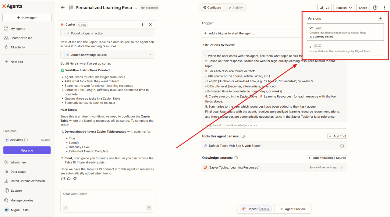 A sample screenshot on how to add version control and how to set up a sandbox for an AI agent.