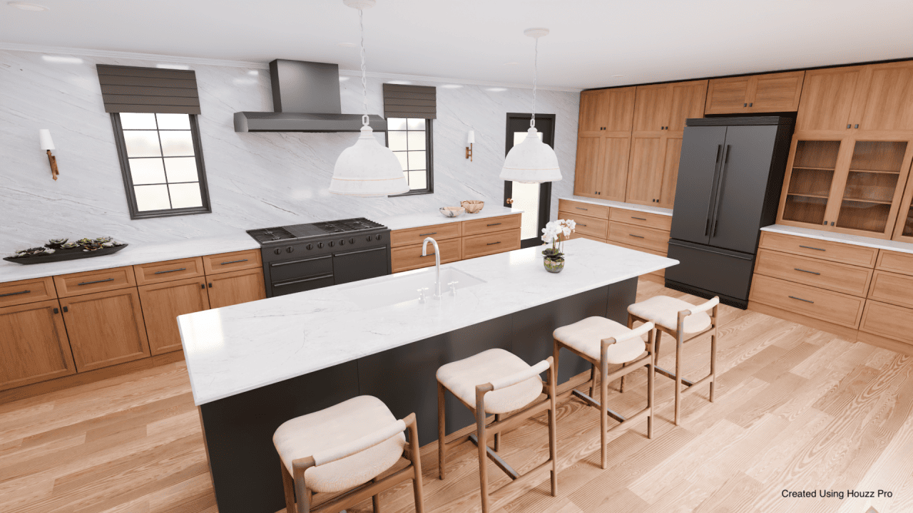 A kitchen with white marble backsplash and a marble-topped breakfast bar.