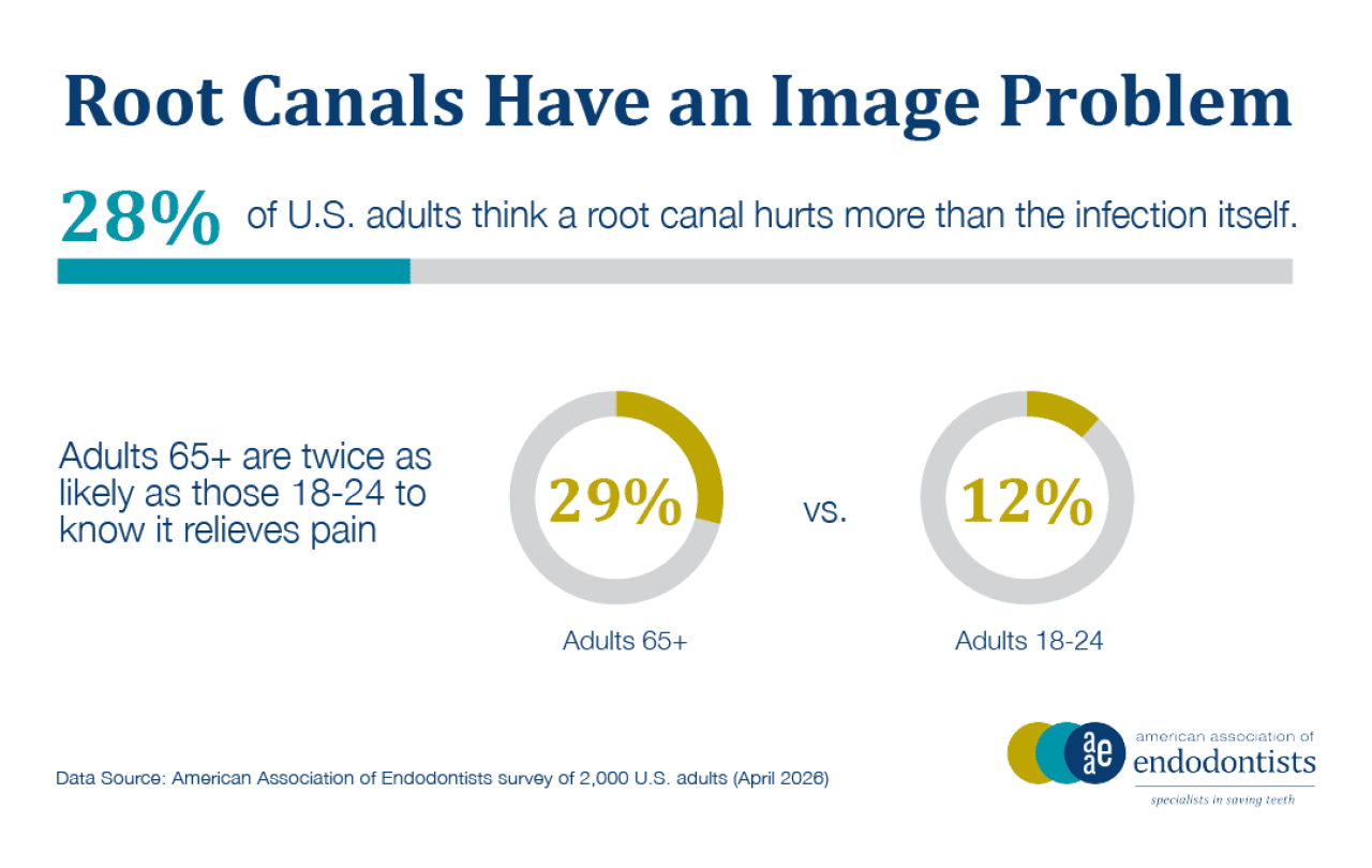 A data graphic showing that 28% of U.S. adults think a root canal hurts more than the infection itself. Adults 65+ are also twice as likely as those 18-24 to know it relieves pain.