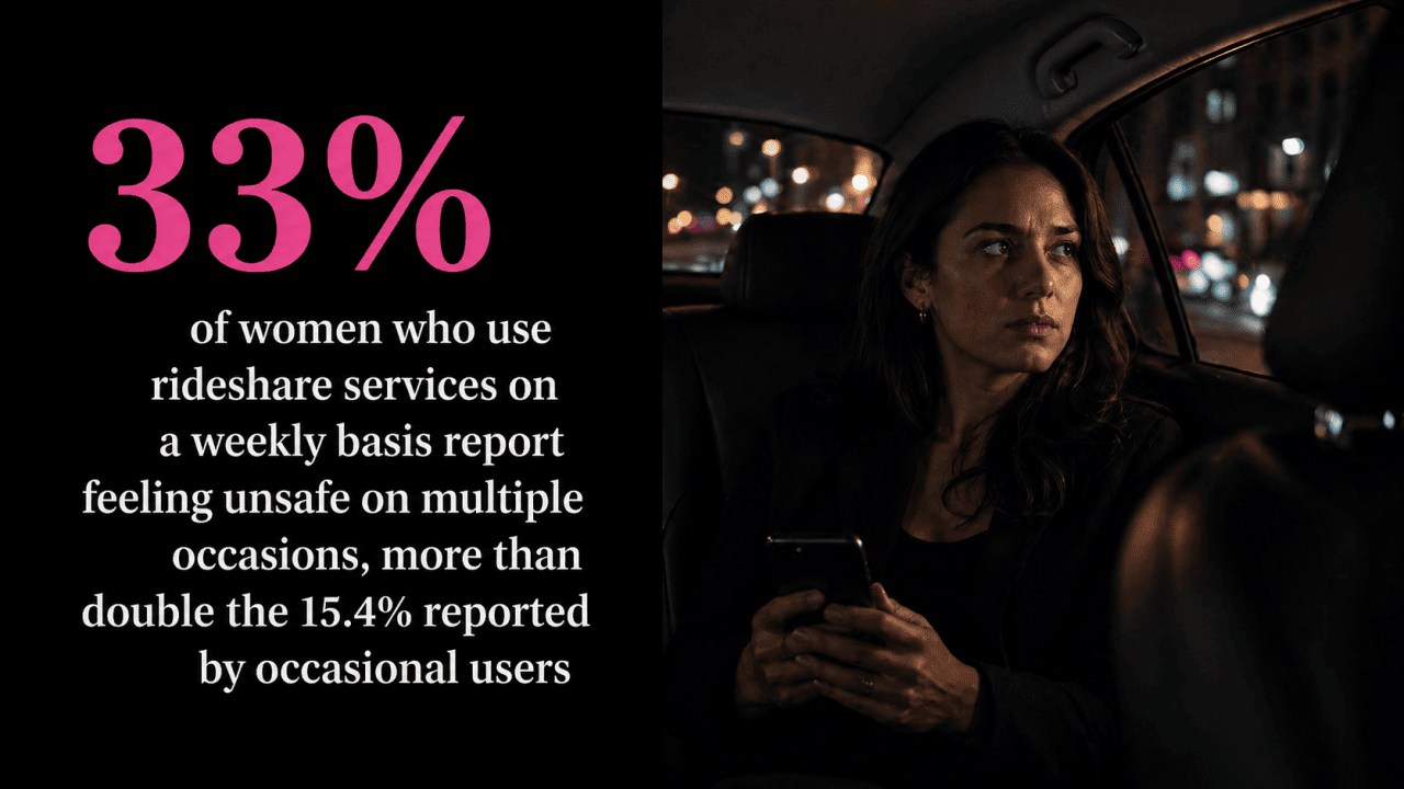 An infographic stating that 33% of women who use rideshare services on a weekly basis report feeling unsafe on multiple occasions. This is more than double the 15.4% reported by occasional users.