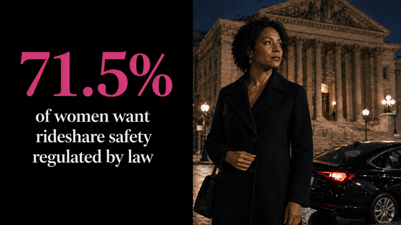 An infographic stating that 71.5% of women want rideshare safety regulated by law.
