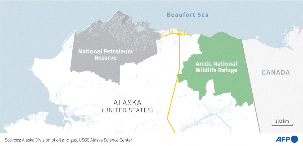 A map showing the National Petroleum Reserve and the Arctic National Wildlife Refuge location in Alaska, USA.