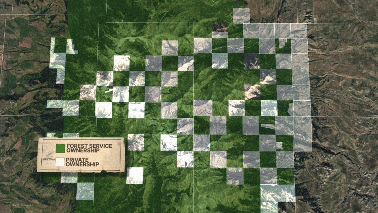 An illustration showing how the Crazy Mountains were divided into a checkerboard of public and private lands in the 1800s, an arrangement known as “Lincoln’s chessboard” that has fueled access disputes ever since.