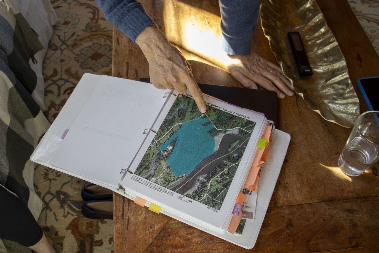 Members of the Protect Wiscasset group show a map of the Old Ferry Road property, 300 acres of town-owned land acquired from Maine Yankee Atomic Power Company in the early 2000s.